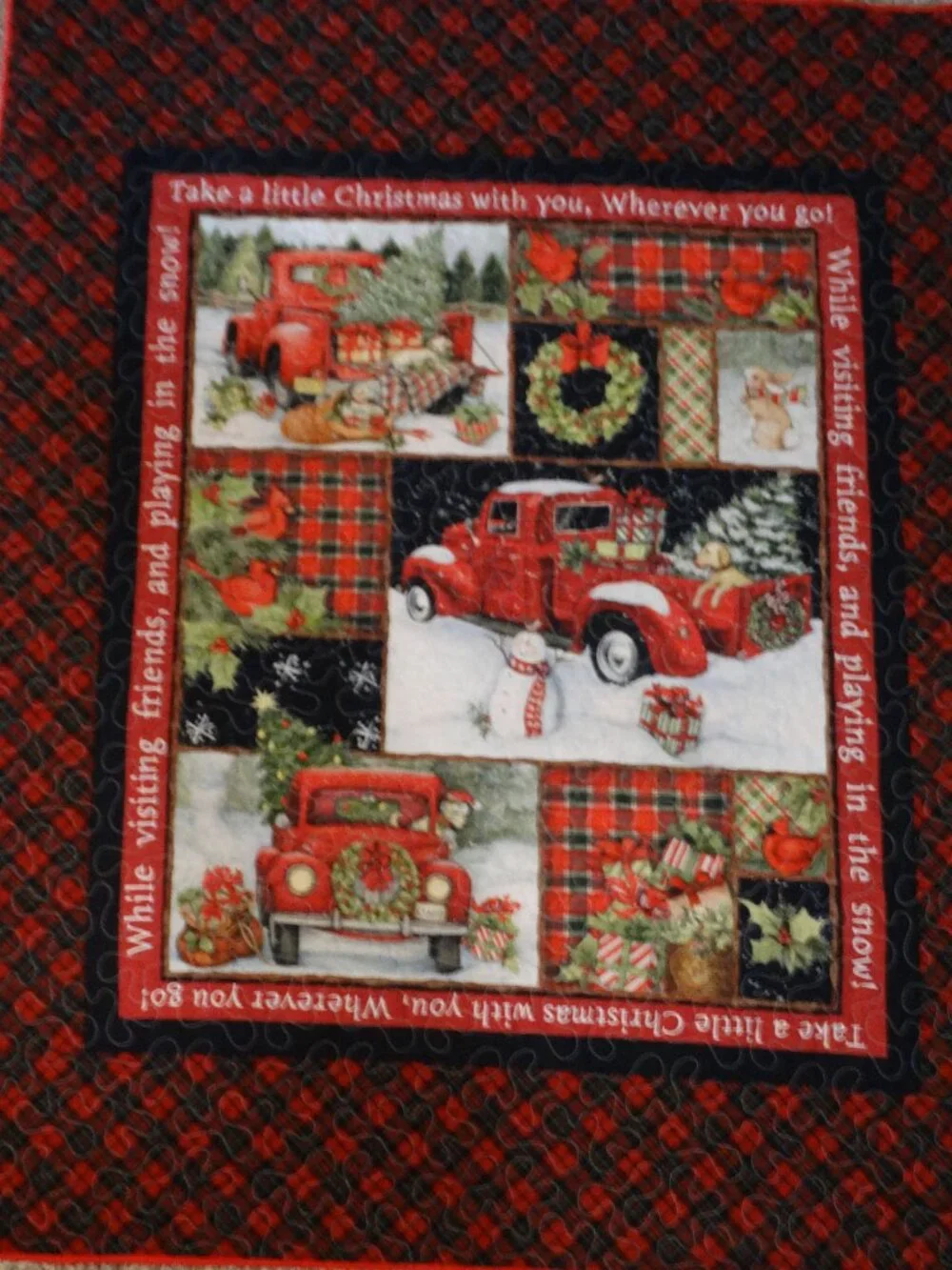 Handmade Red Truck Christmas Quilt, Fleece Backing, Holiday Throw (47